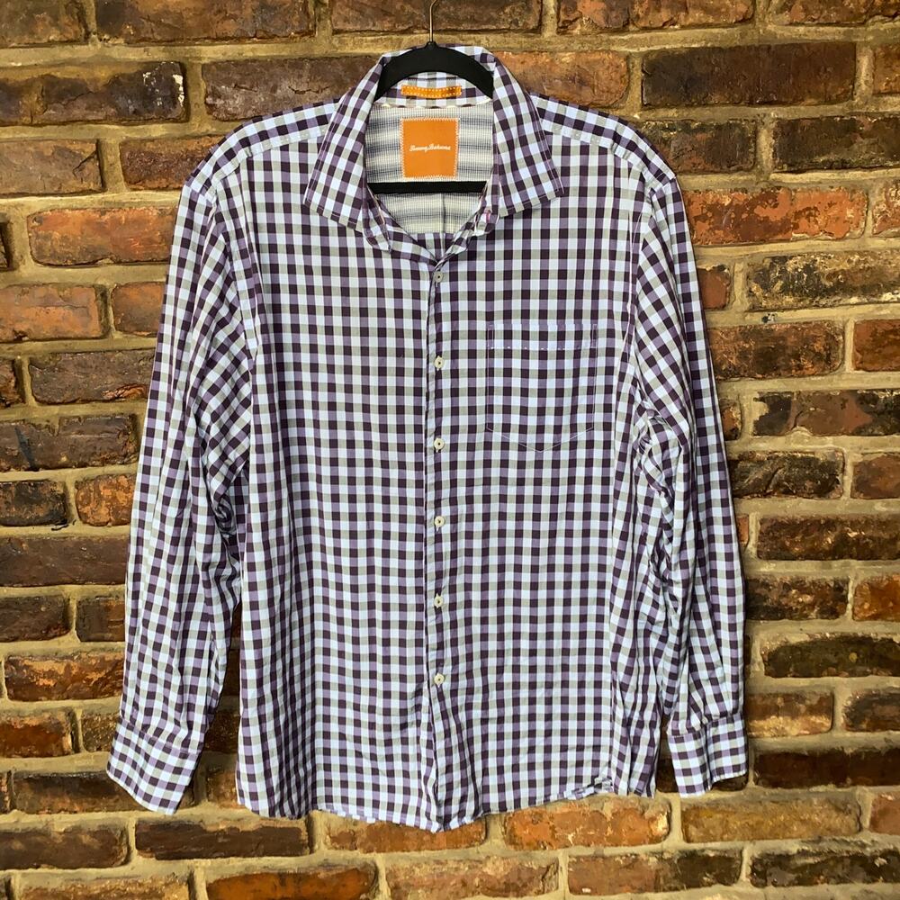 Tommy Bahama Purple Gingham Plaid Long Sleeve Button Down Shirt Men's Size XL